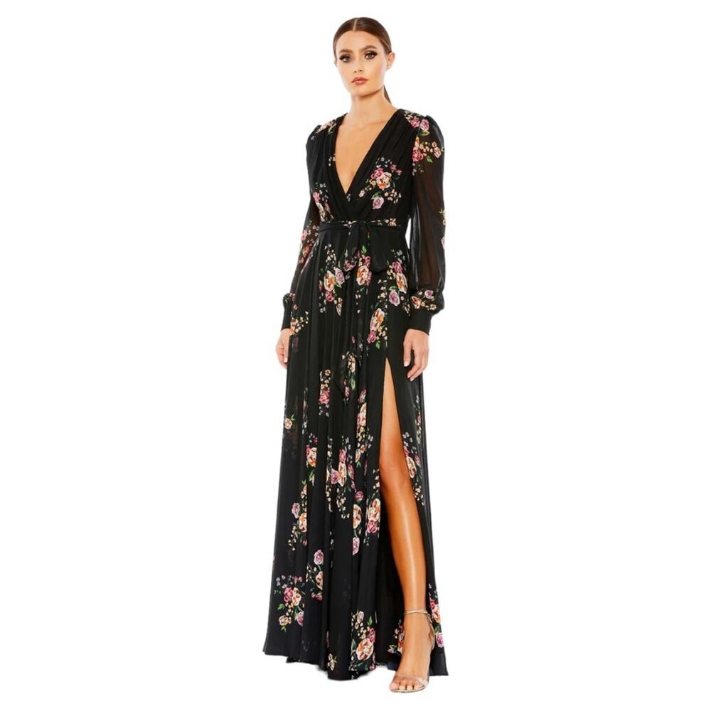 NWT MAC DUGGAL Black Belted Floral Print Illusion Long Sleeve Gown Women’s